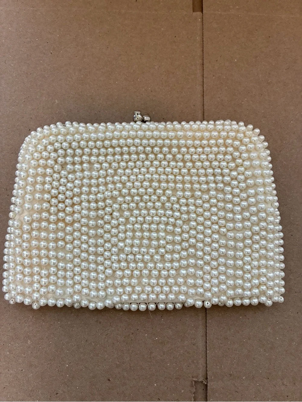 Vintage Pearl Beaded Clutch with Black Wave Trim